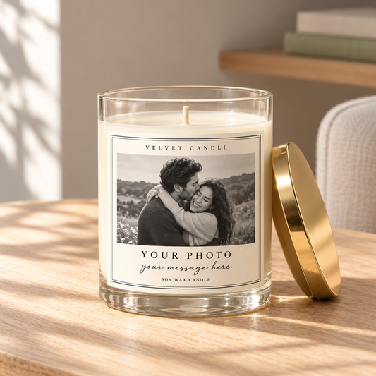 Your Photo, Your Story — Personalized Photo Soy Candle in a softly sunlit home setting