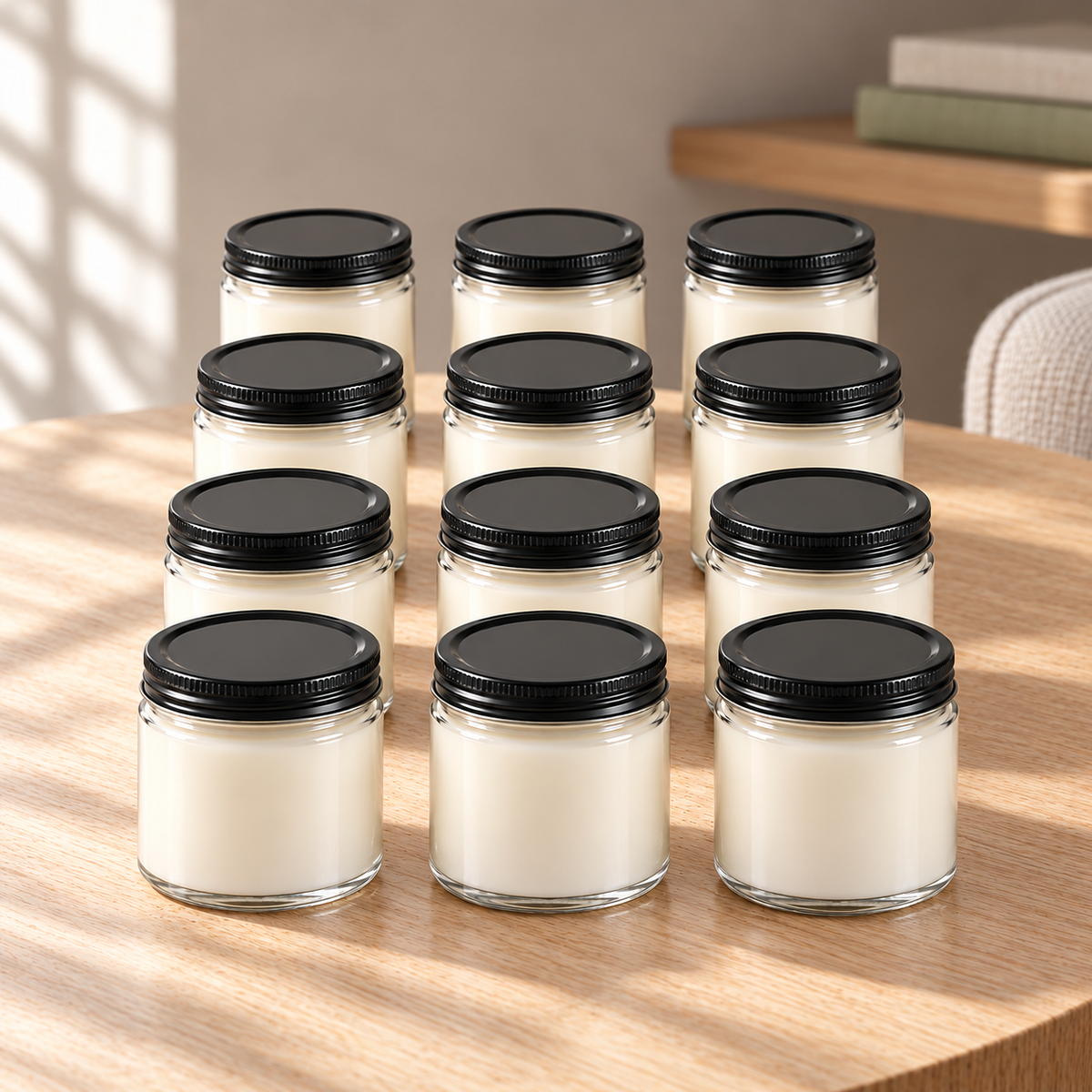 Custom Label 4 oz Clear Wholesale Soy Candles — 12, 24 or 48 Pack in a softly sunlit home setting