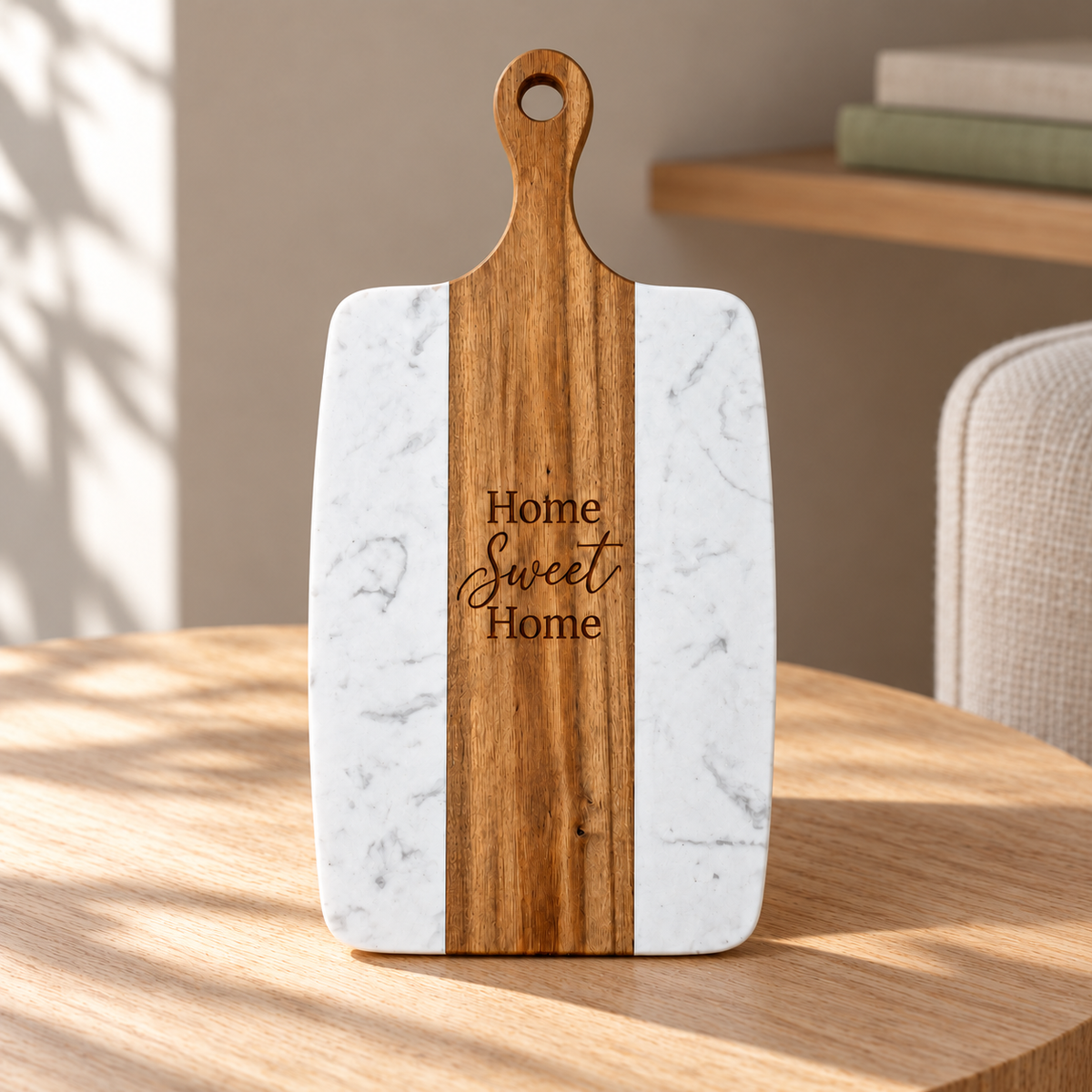 Personalized White Marble & Wood Paddle Board — Custom Engraving in a softly sunlit home setting