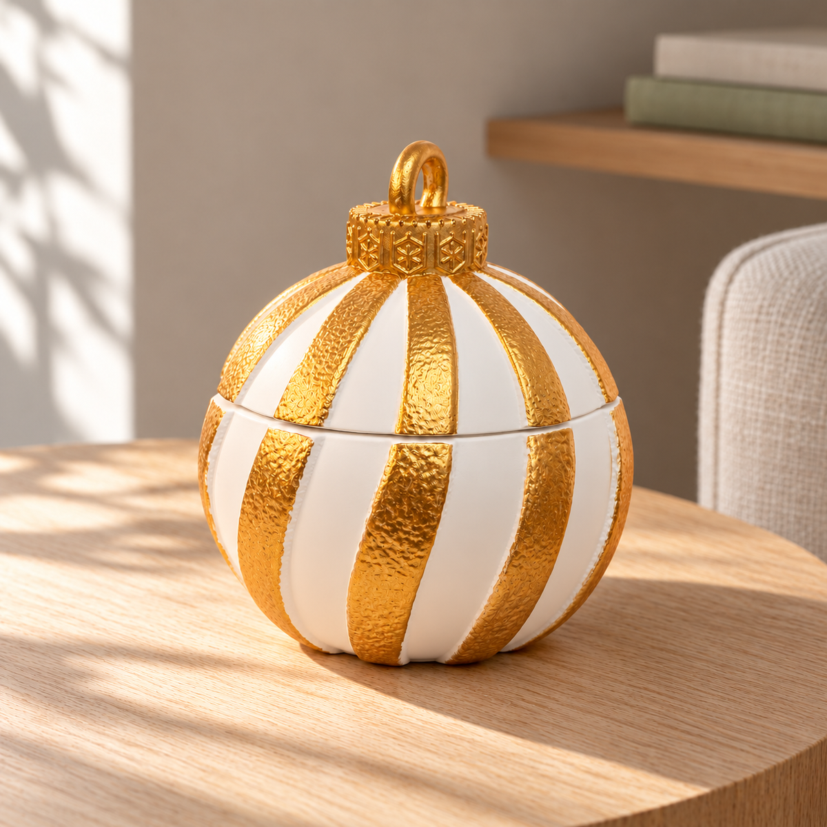 Gold Stripe Christmas Ornament Soy Candle with Lid in a softly sunlit home setting