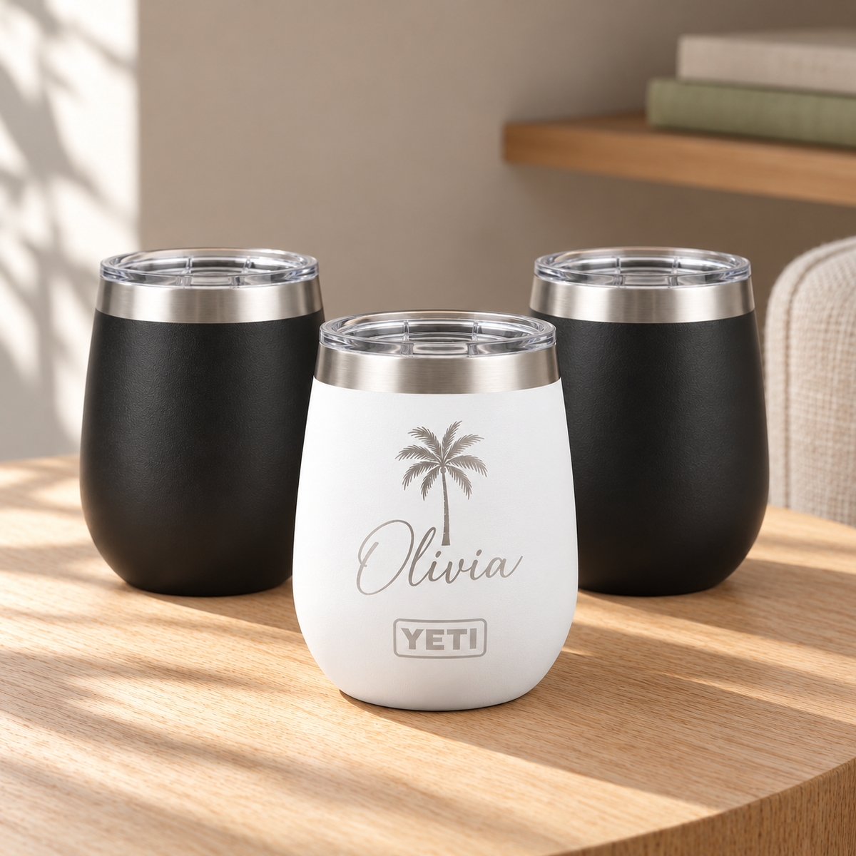 Personalized Wine Tumbler — YETI 10 oz or Polar Camel 12 oz in a softly sunlit home setting