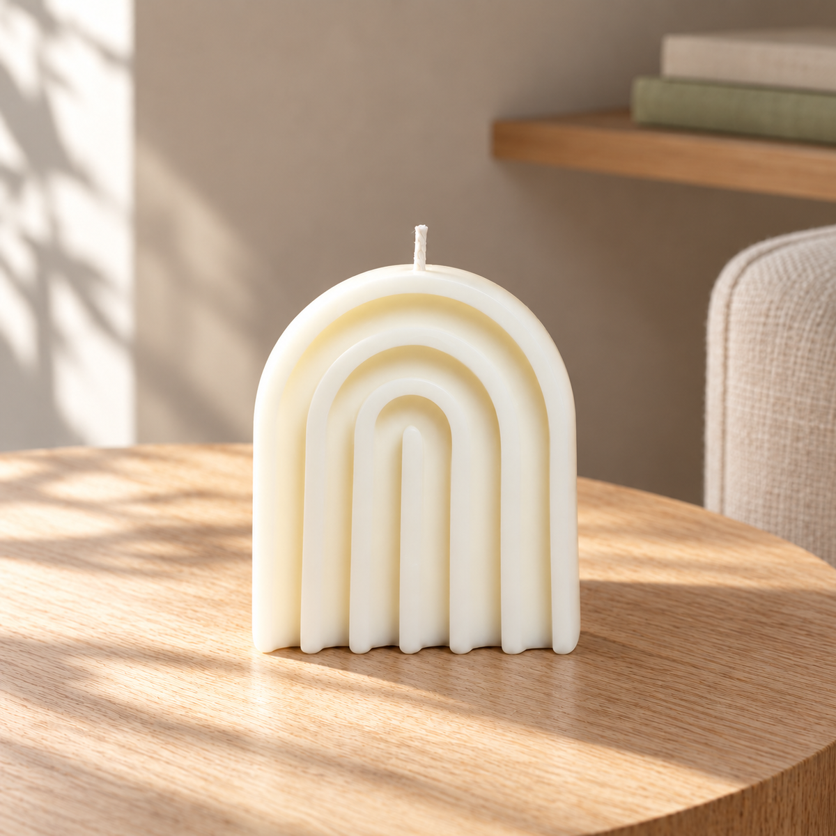 Wide Arch Candle in a softly sunlit home setting