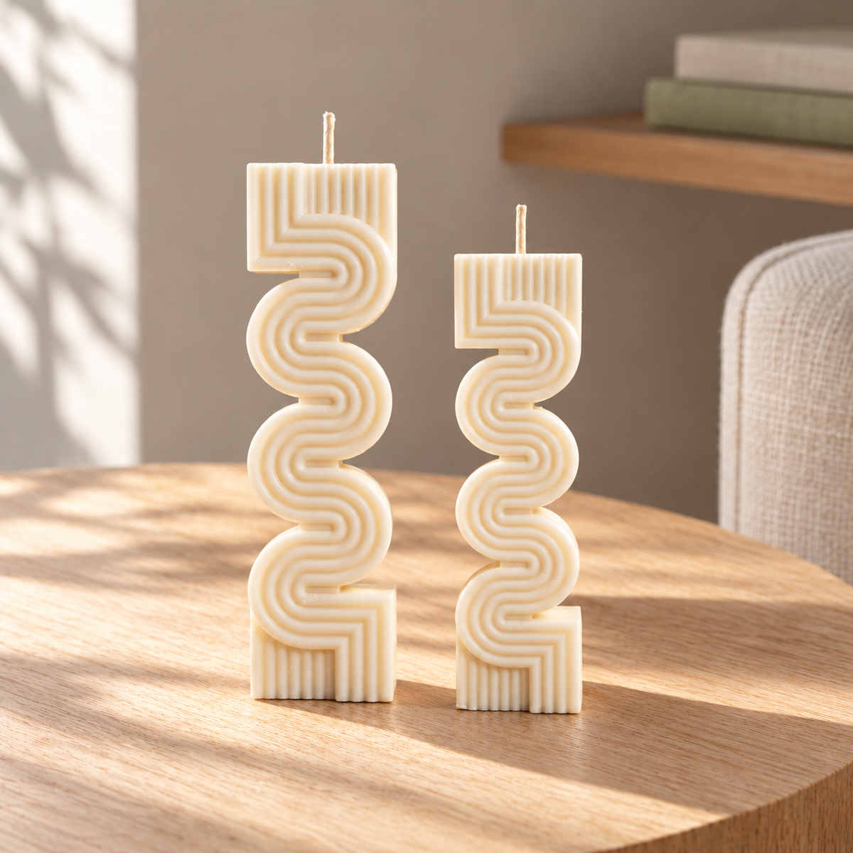 Wavy Pillar Candle Set in a softly sunlit home setting