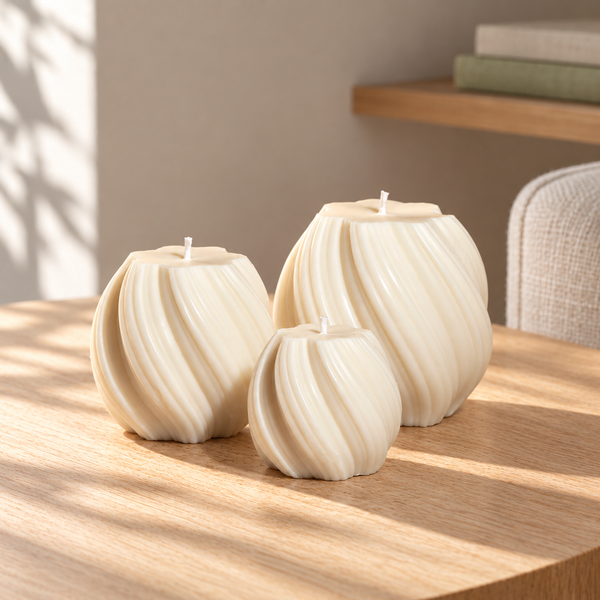 Swirl Sphere Candle Set in a softly sunlit home setting