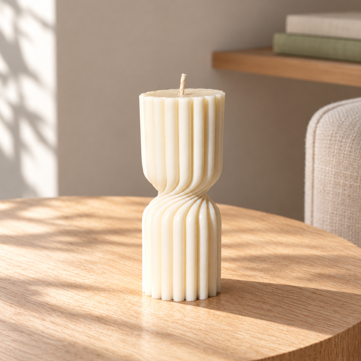 Twist Pillar Candle in a softly sunlit home setting