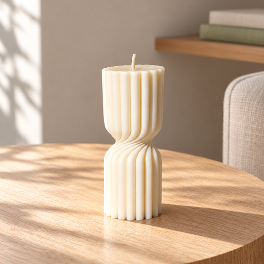 Twist Pillar Candle in a softly sunlit home setting