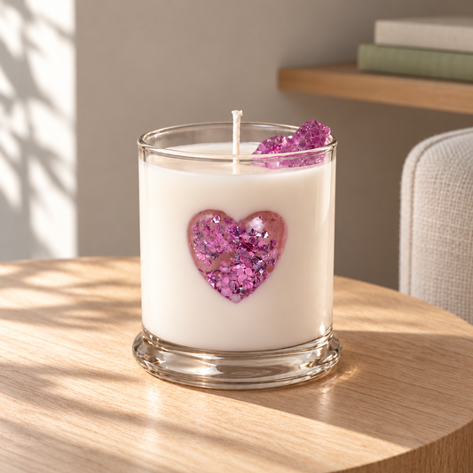 Sparkly Heart Soy Wax Candle, 12 oz in a softly sunlit home setting
