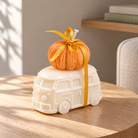 Van & Pumpkin Soy Candle Set in a softly sunlit home setting