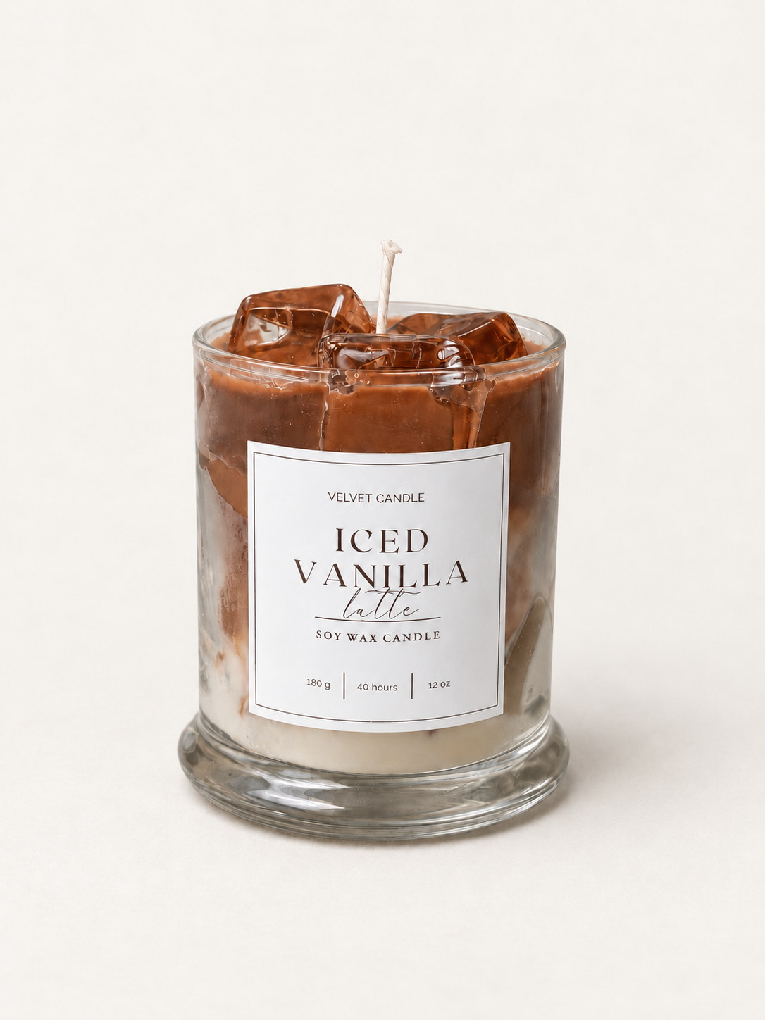 Iced Vanilla Latte Candle, 12 oz — beige view; label size digitally corrected