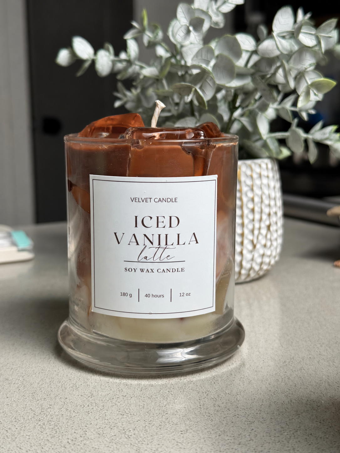Iced Vanilla Latte Candle, 12 oz — detail view; label size digitally corrected
