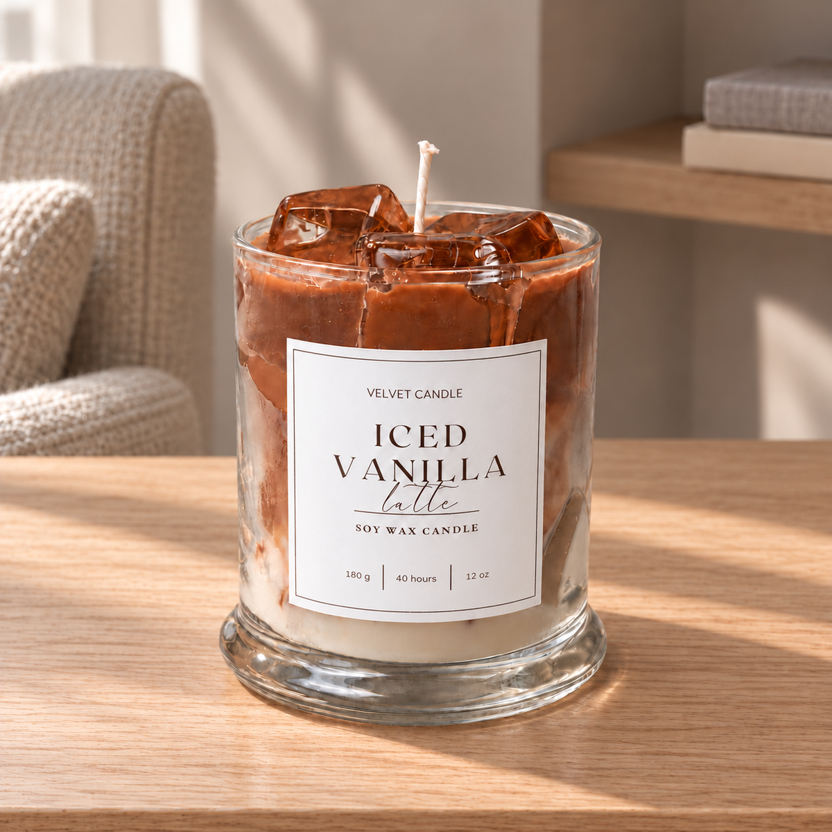 Iced Vanilla Latte Candle, 12 oz — main view; label size digitally corrected