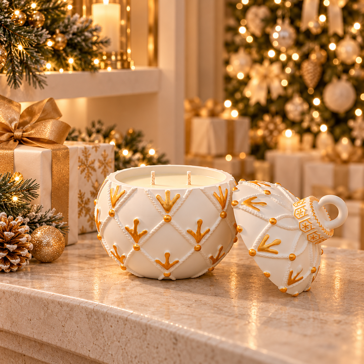 White and gold two-wick ornament candle beside Christmas gifts and tree