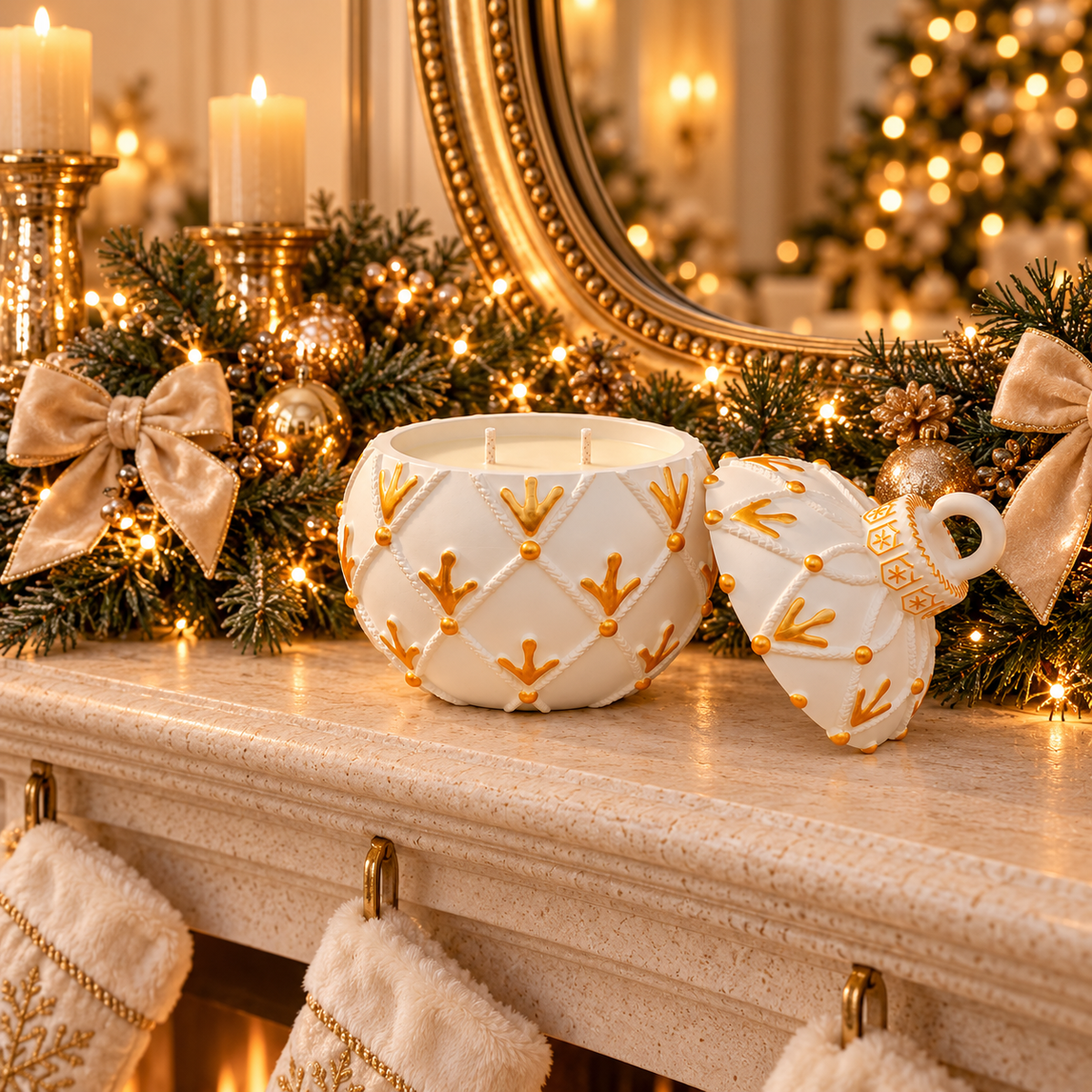 White and gold ornament jar candle with matching lid on a Christmas mantel
