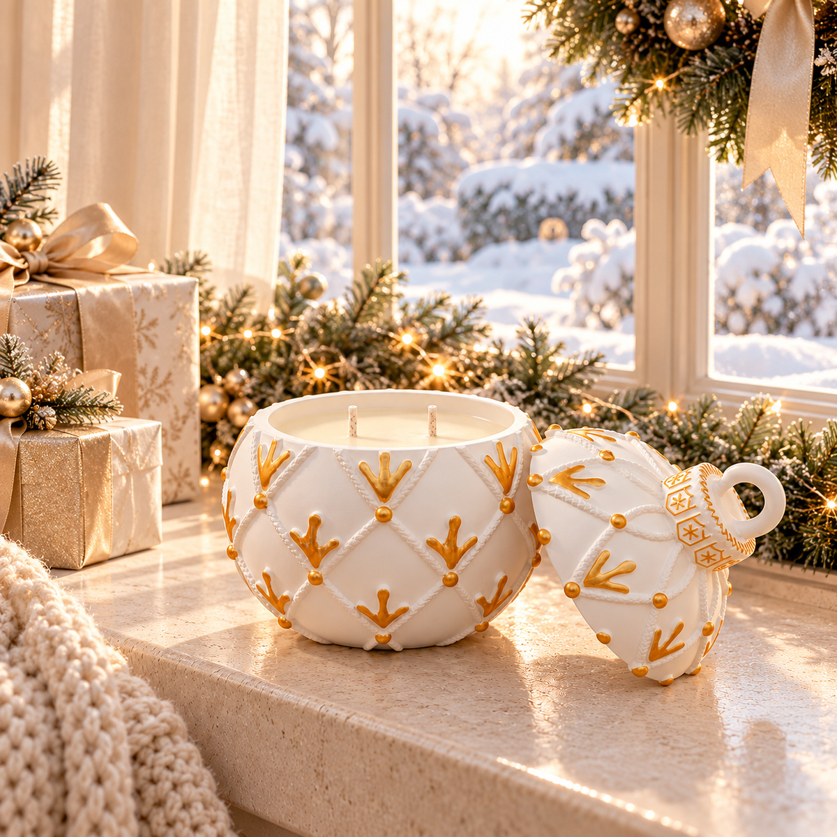 White and gold ornament jar candle with two wicks and matching lid by a snowy Christmas window