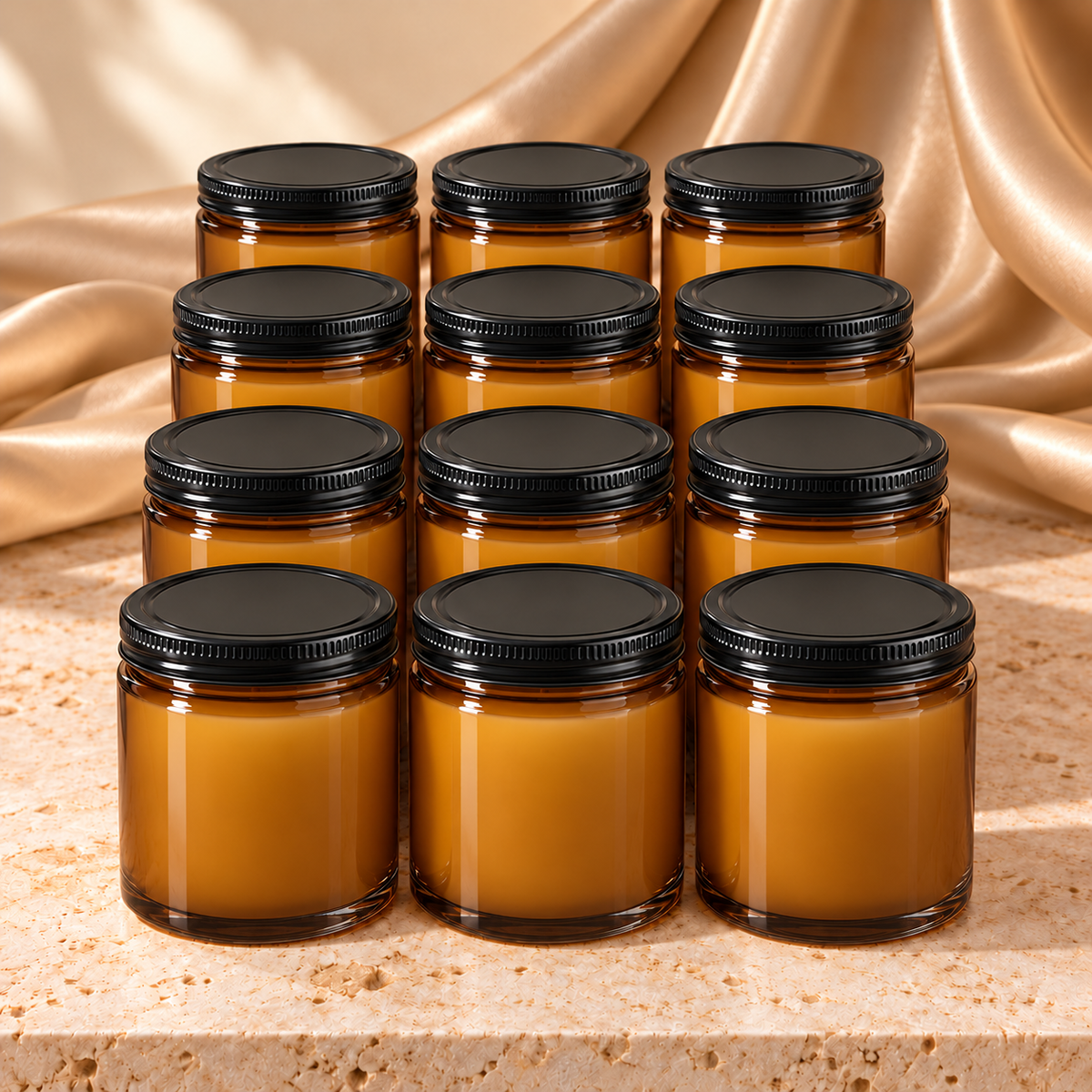 Twelve amber glass soy candles with ribbed black metal lids