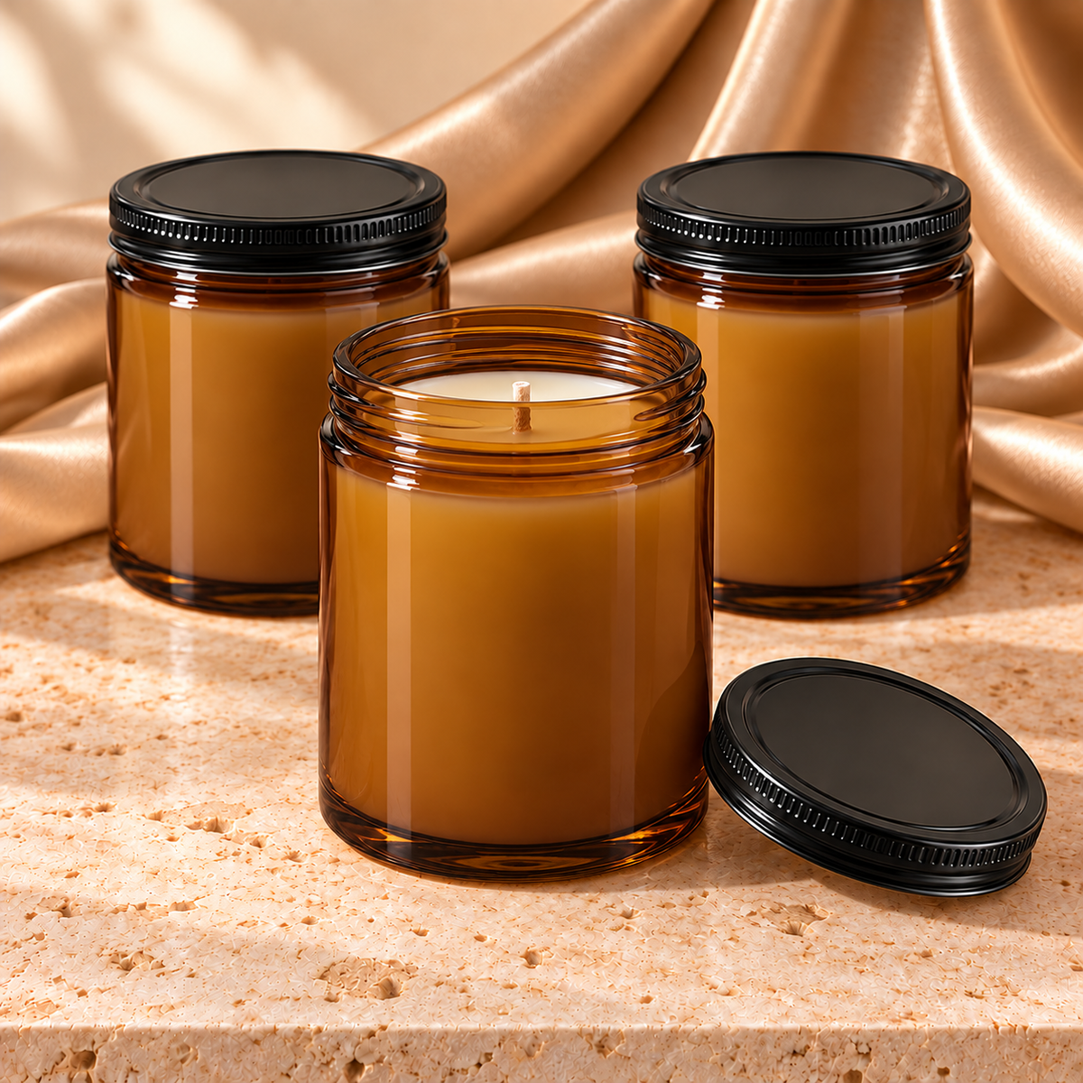 Open amber glass soy candle with one wick and matching black metal lid