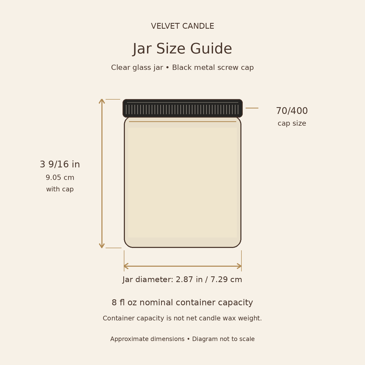 Jar size guide: 3 9/16 inch height with cap, 2.87 inch jar diameter, 70/400 cap