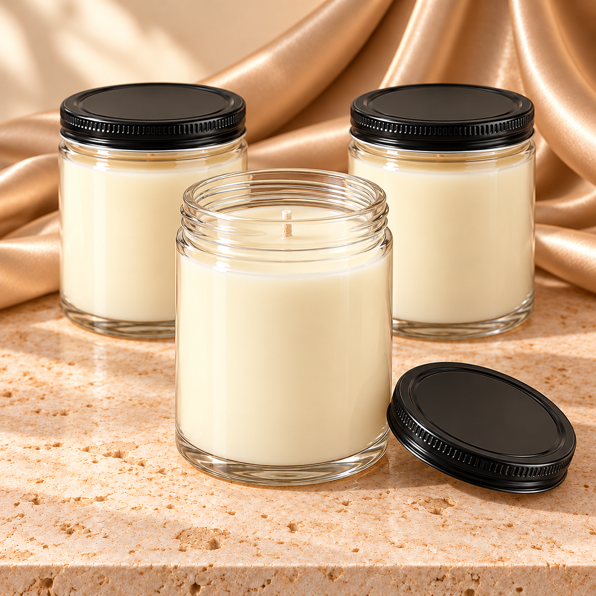 Open soy candle with one wick and detached ribbed black metal lid