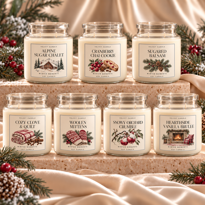 Winter Moments collection: seven illustrated soy candle jars, each with two cotton wicks and a glass lid