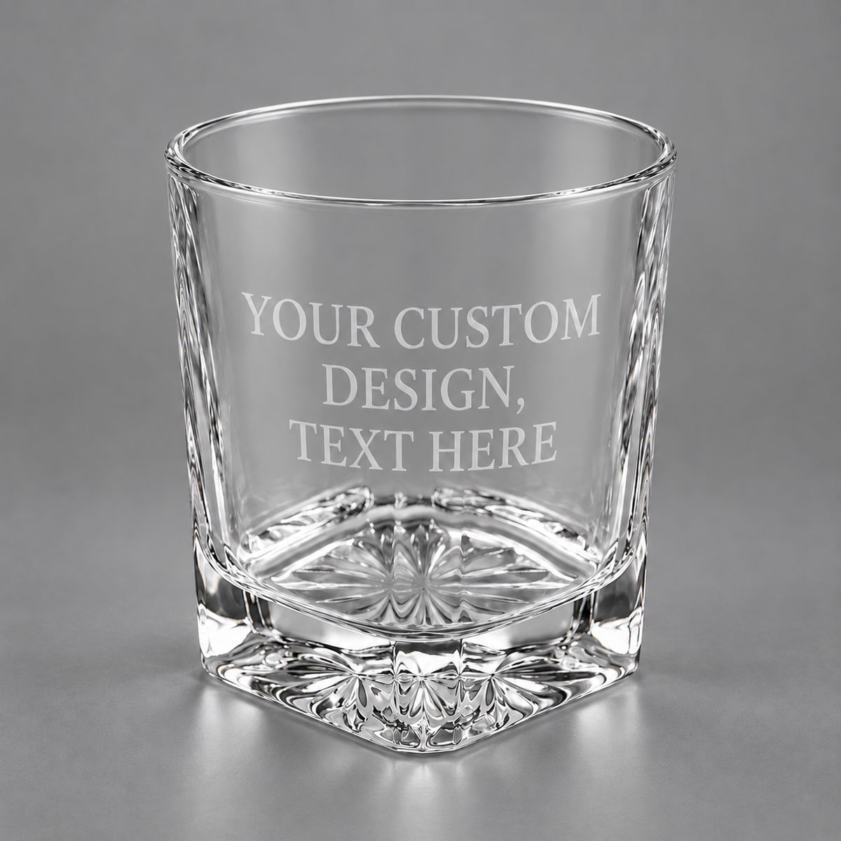Illustrative whiskey glass engraved YOUR CUSTOM DESIGN, TEXT HERE