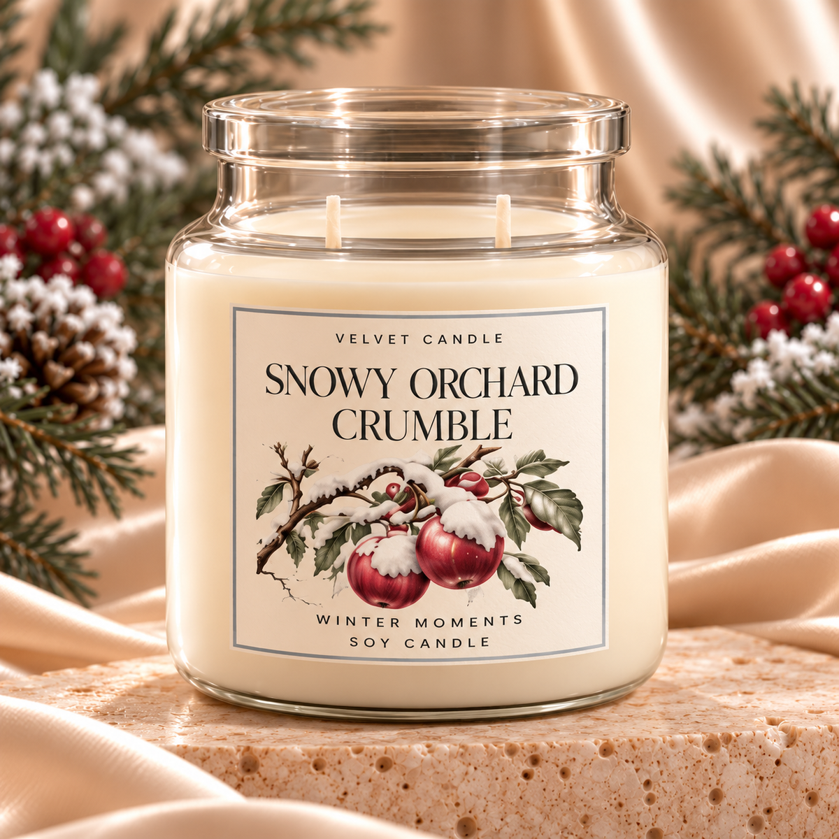 Snowy Orchard Crumble candle styling mockup