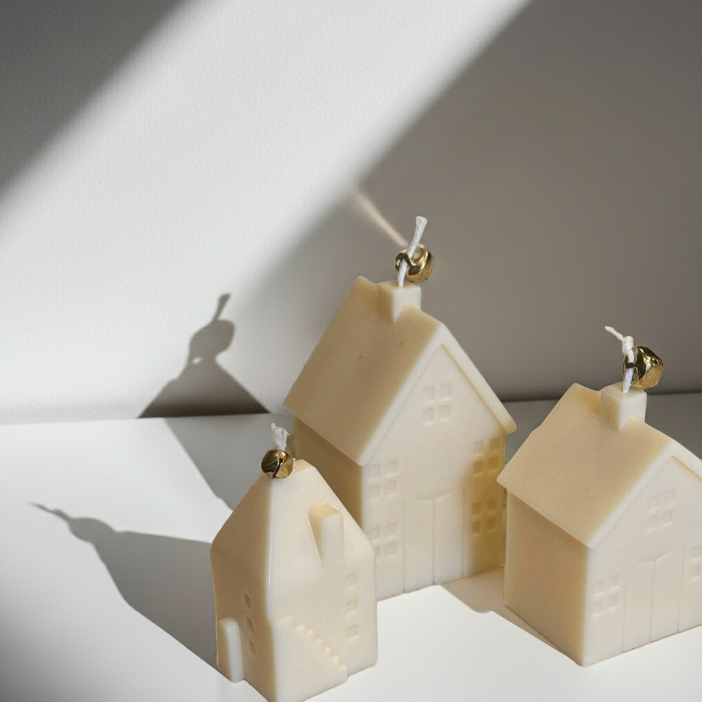 Three ivory house-shaped Christmas candles with pitched roofs and window details