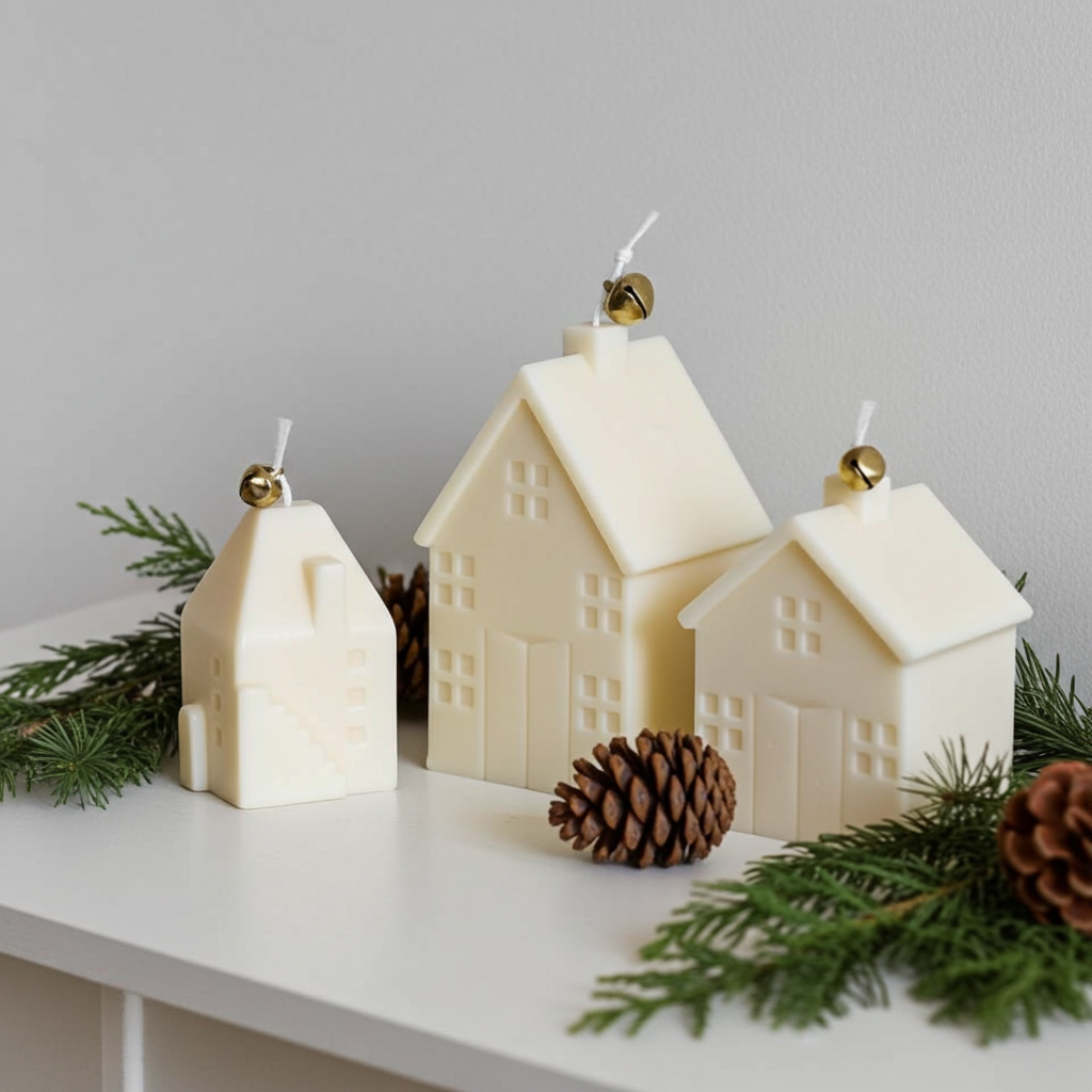 Three ivory Christmas village house candles styled with evergreen branches