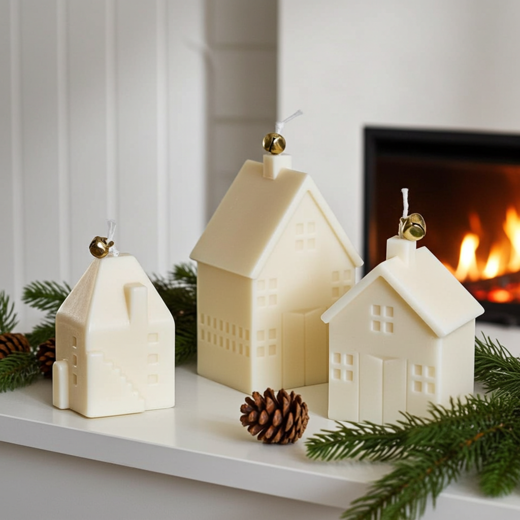 Three ivory house-shaped candles arranged as a village beside a fireplace